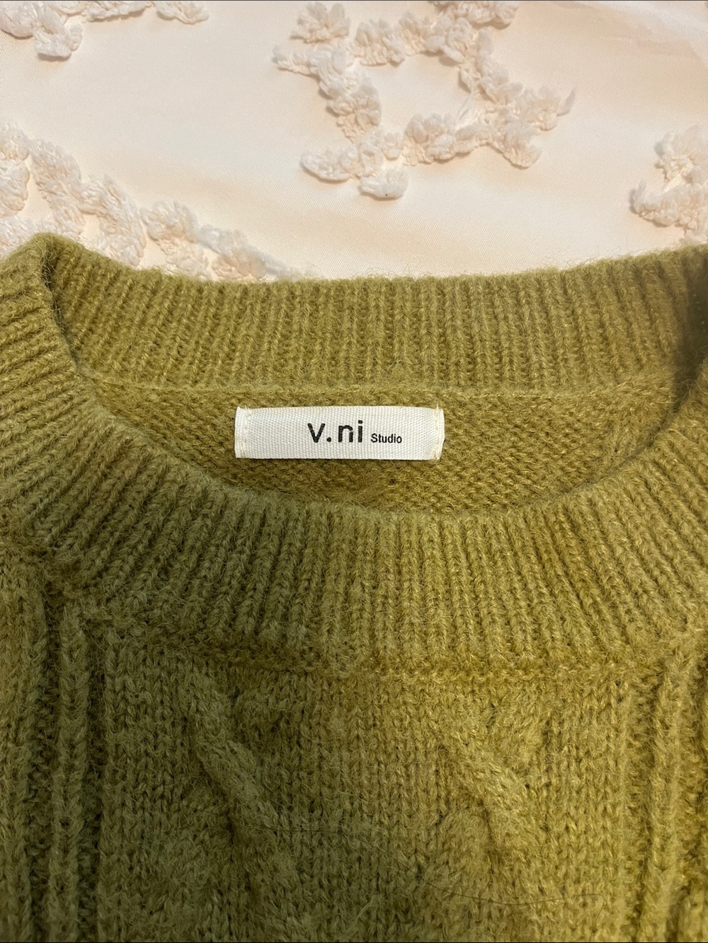 Olive Crewneck Cable Knit Sweater